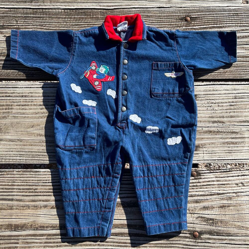 Vintage 80s Popsicle Denim Jumpsuit 12M Pilot Bear Airplane Baby Romper 1Pc Snap
